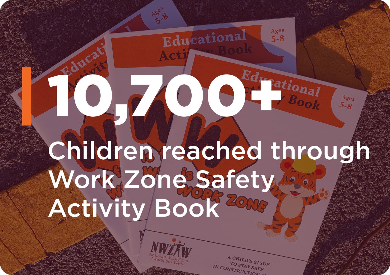 Infographic showing 10,700+ children reached through Work Zone Safety Activity Book